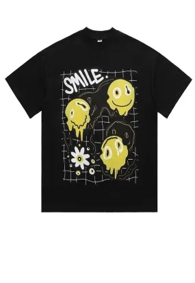 Emoji print t-shirt grunge tee retro raver smile top black