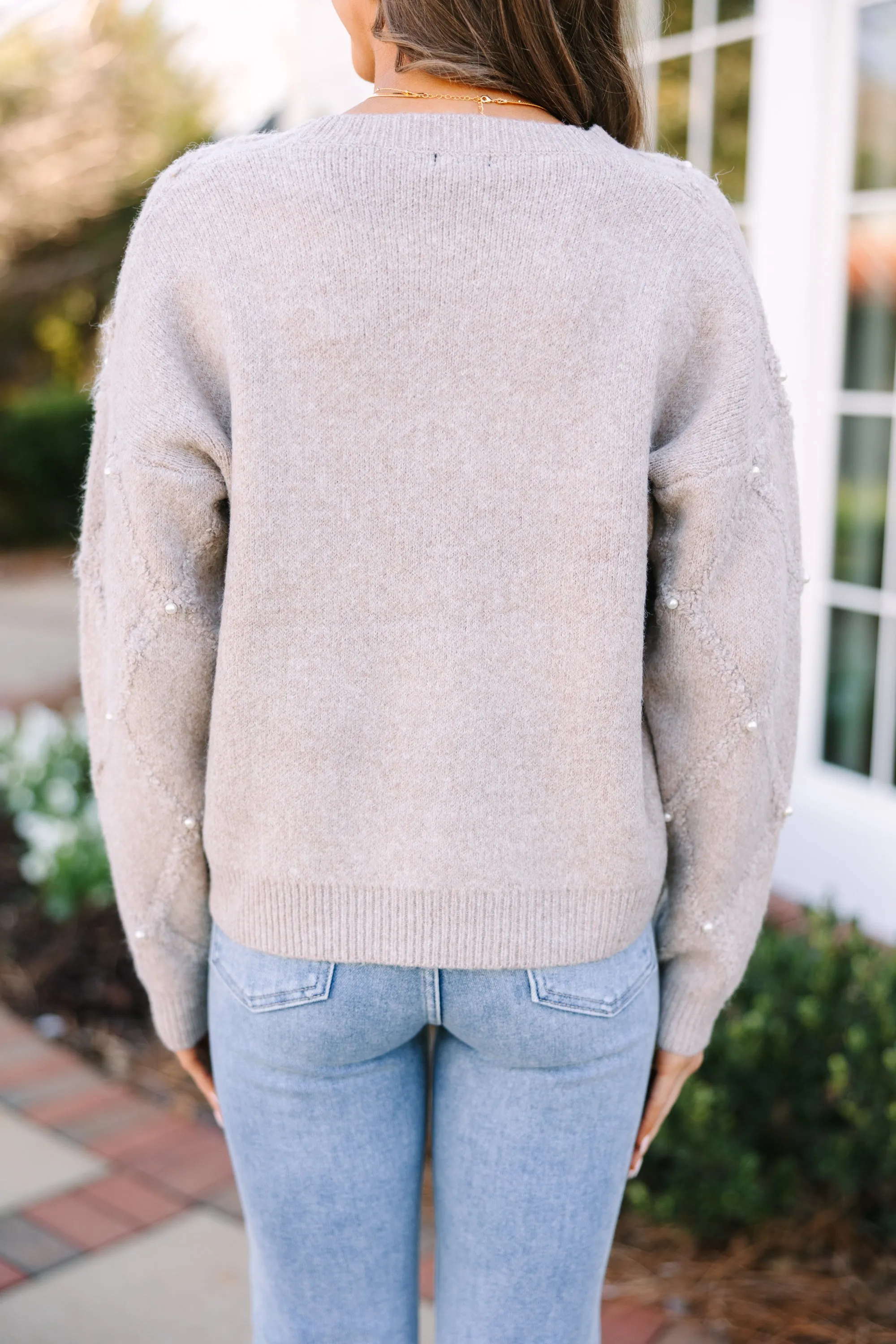 On Your Time Taupe Brown Pearl Embellished Sweater