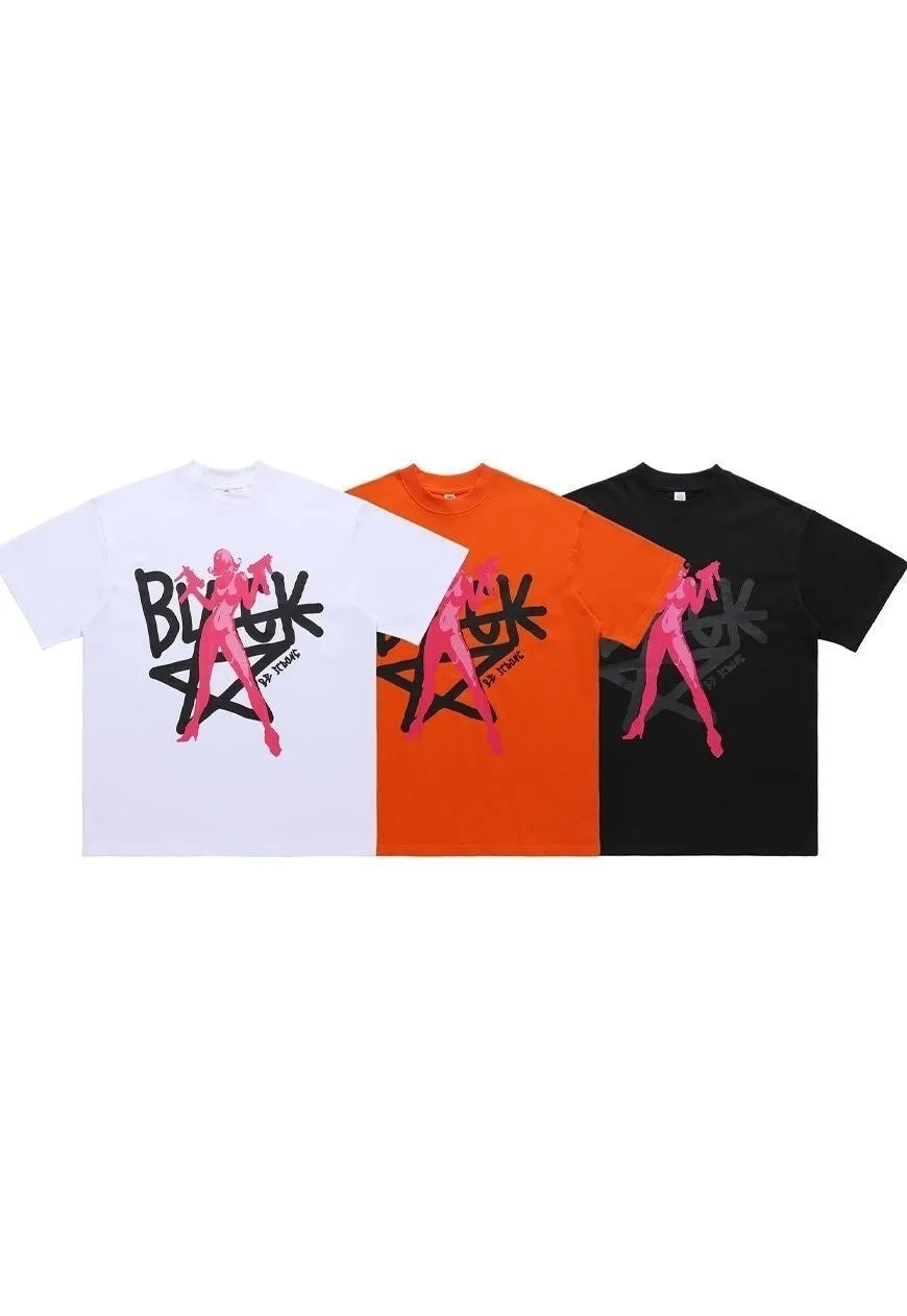 Pentagram star t-shirt pistol print tee grunge top in orange