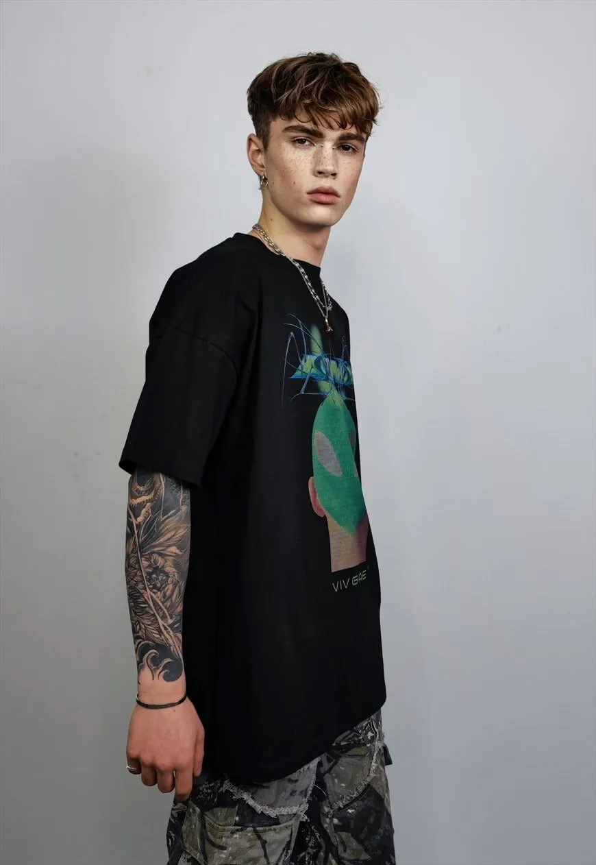 Raver print t-shirt techno tee futuristic cyber top in black